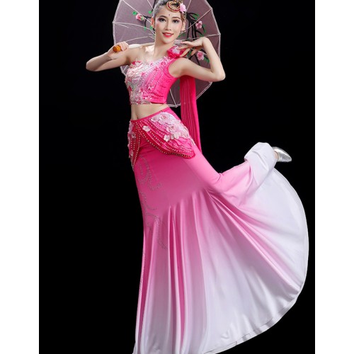 Chinese folk Dai costume for women girls fuchsia gradient colored peacock dance dresses fishtail skirt art test water sleeve classical traditional dance costume